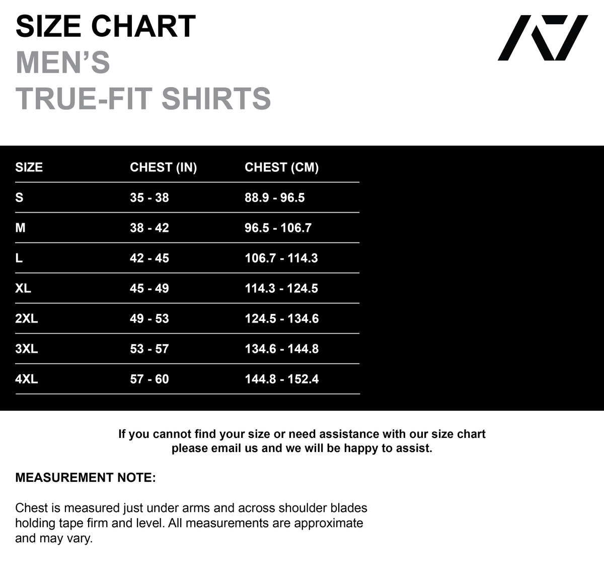 Sizing chart of the Commands Bar Grip Tee in black. Shows all sizes and what is the best size for you based on your measurements
