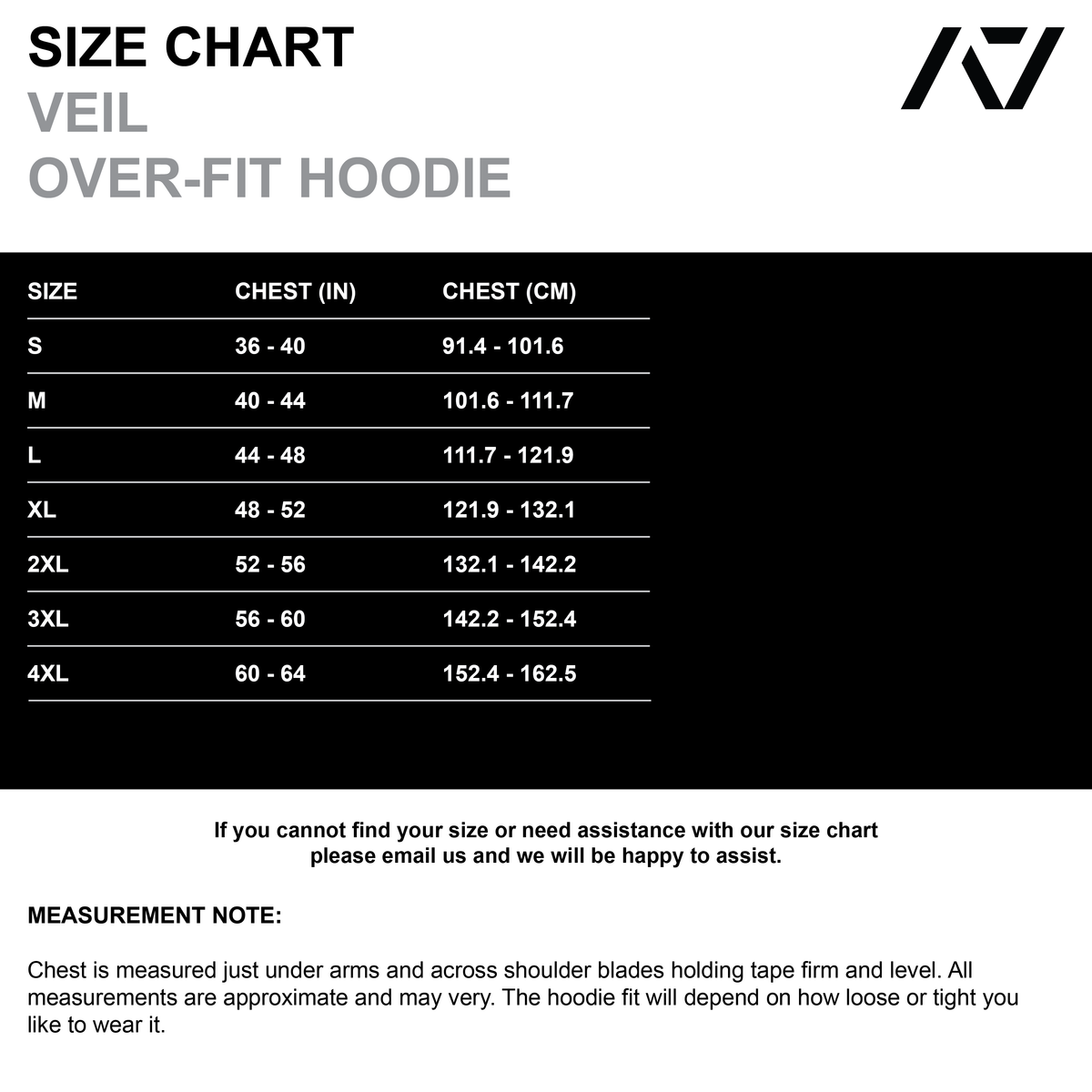 Sizing chart of the Veil Over-fit Hoddie in black. Shows all sizes and what is the best size for you based on your measurements