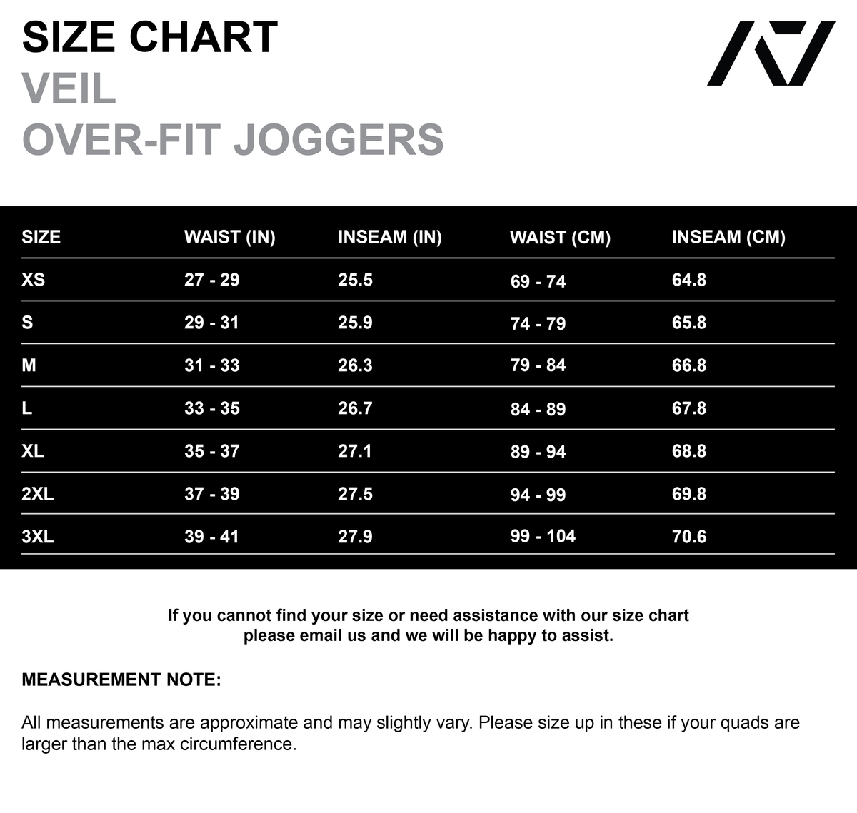 Sizing chart of the A7 Veil overfit joggers in stealth/black. Shows all sizes and what is the best size for you. 