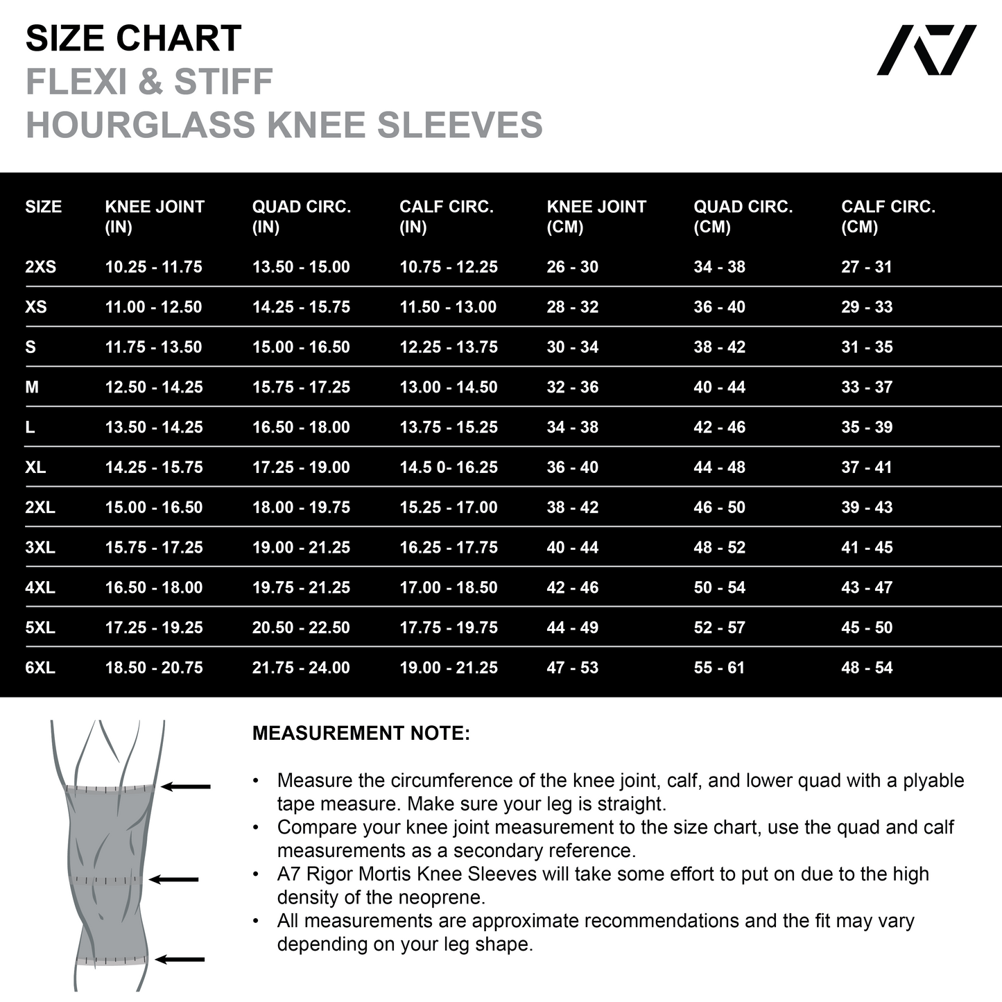 A7 IPF Approved Hourglass Knee Sleeves feature an hourglass-shaped centre taper fit to help provide knee compression while maintaining proper tightness around the calf and quad, offered in three stiffnesses (Flexi, Stiff and Rigor Mortis). Shop the full A7 Powerlifting IPF Approved Equipment collection. The IPF Approved Kit includes Powerlifting Singlet, A7 Meet Shirt, A7 Zebra Wrist Wraps and A7 Deadlift Socks. Genouill�res powerlifting shipping to France, Spain, Ireland, Germany, Italy, Sweden and EU.