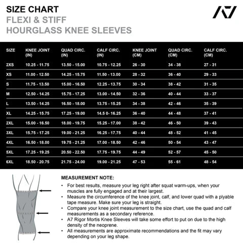 A7 IPF Approved Hourglass Knee Sleeves feature an hourglass-shaped centre taper fit to help provide knee compression while maintaining proper tightness around the calf and quad, offered in three stiffnesses (Flexi, Stiff and Rigor Mortis). Shop the full A7 Powerlifting IPF Approved Equipment collection. The IPF Approved Kit includes Powerlifting Singlet, A7 Meet Shirt, A7 Zebra Wrist Wraps and A7 Deadlift Socks. Genouill�res powerlifting shipping to France, Spain, Ireland, Germany, Italy, Sweden and EU.