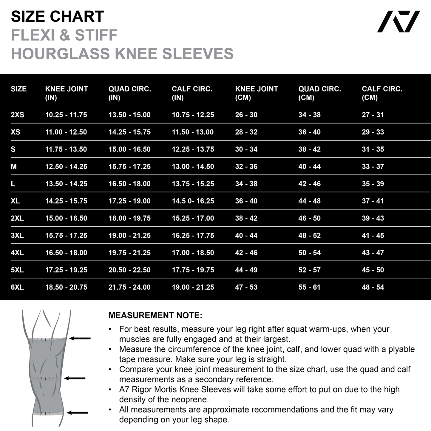 A7 IPF Approved Hourglass Knee Sleeves feature an hourglass-shaped centre taper fit to help provide knee compression while maintaining proper tightness around the calf and quad, offered in three stiffnesses (Flexi, Stiff and Rigor Mortis). Shop the full A7 Powerlifting IPF Approved Equipment collection. The IPF Approved Kit includes Powerlifting Singlet, A7 Meet Shirt, A7 Zebra Wrist Wraps and A7 Deadlift Socks. Genouill�res powerlifting shipping to France, Spain, Ireland, Germany, Italy, Sweden and EU.