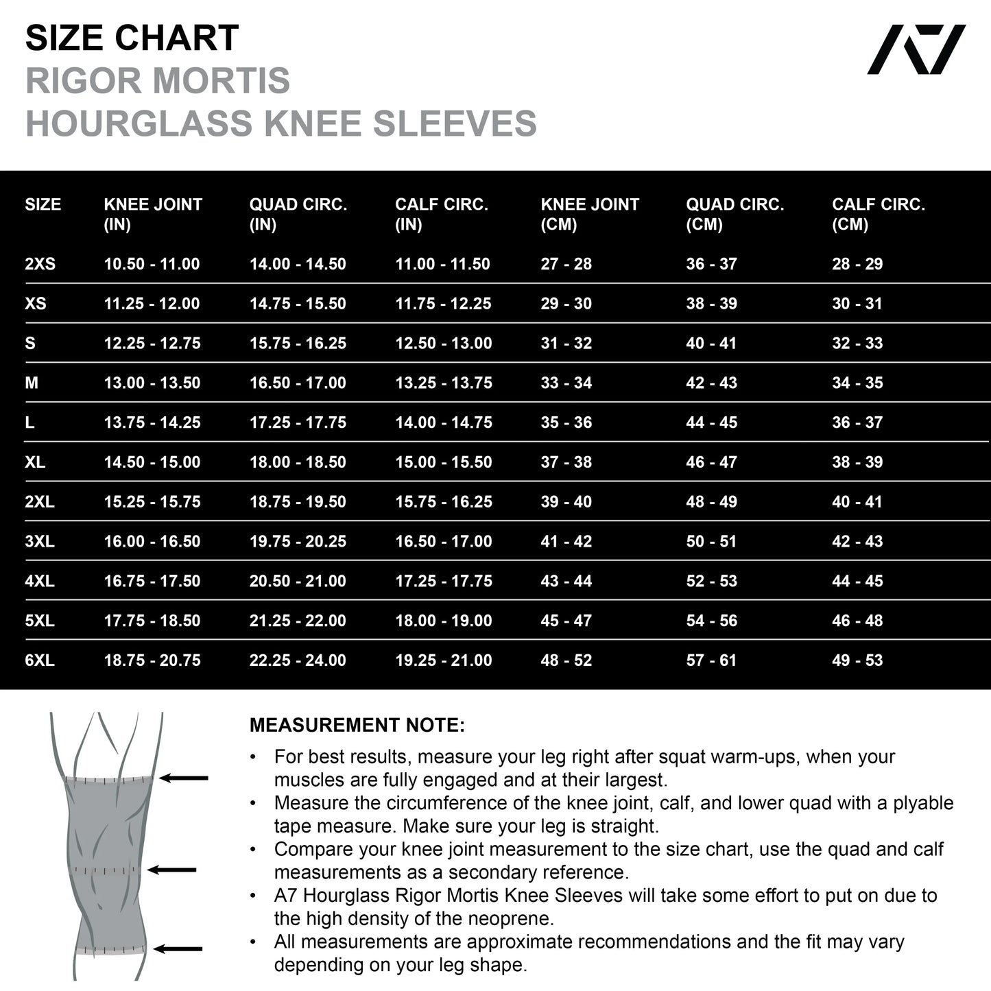 A7 IPF Approved Hourglass Knee Sleeves feature an hourglass-shaped centre taper fit to help provide knee compression while maintaining proper tightness around the calf and quad, offered in three stiffnesses (Flexi, Stiff and Rigor Mortis). Shop the full A7 Powerlifting IPF Approved Equipment collection. The IPF Approved Kit includes Powerlifting Singlet, A7 Meet Shirt, A7 Zebra Wrist Wraps and A7 Deadlift Socks. Genouill�res powerlifting shipping to France, Spain, Ireland, Germany, Italy, Sweden and EU.