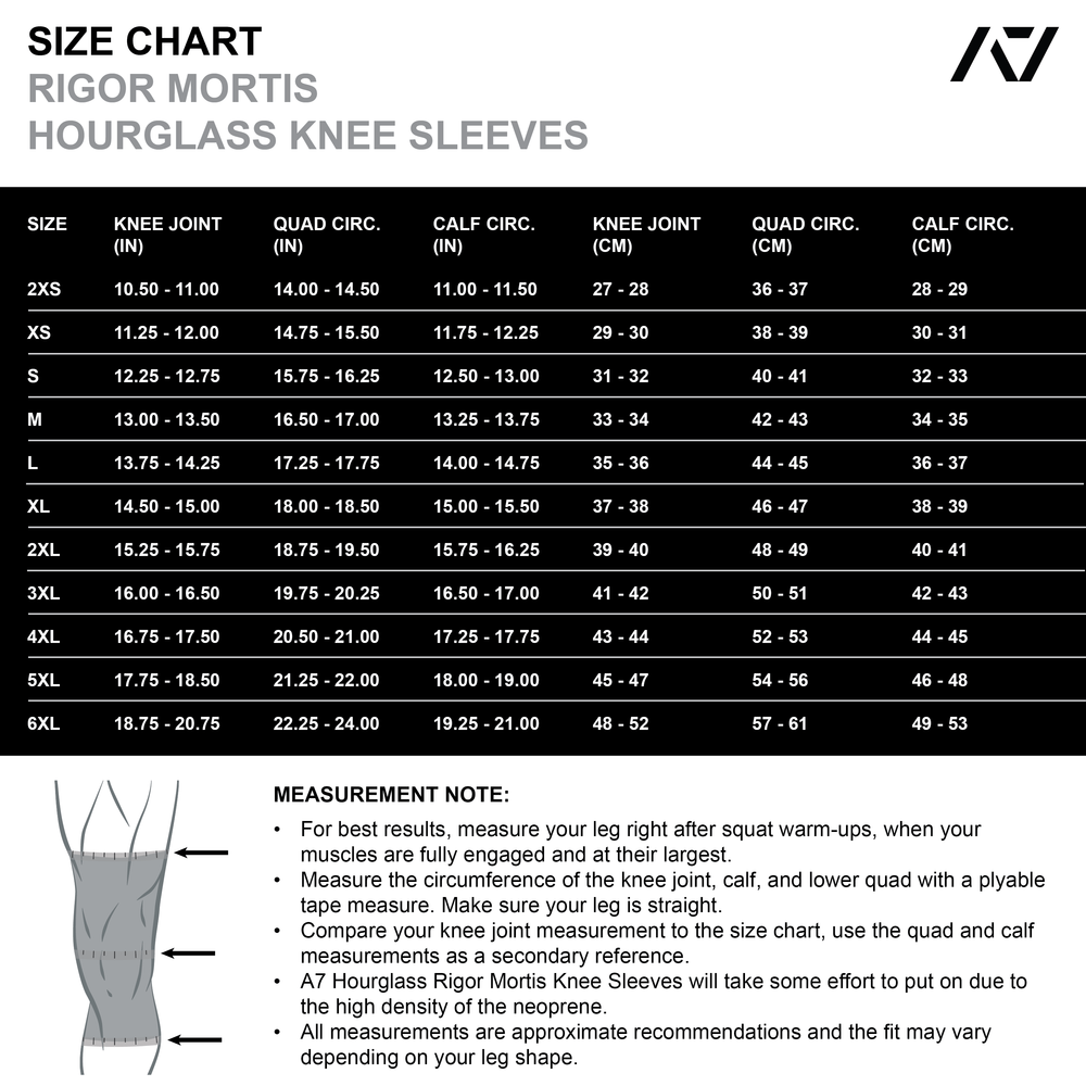 
                      
                        A7 IPF Approved Hourglass Knee Sleeves feature an hourglass-shaped centre taper fit to help provide knee compression while maintaining proper tightness around the calf and quad, offered in three stiffnesses (Flexi, Stiff and Rigor Mortis). Shop the full A7 Powerlifting IPF Approved Equipment collection. The IPF Approved Kit includes Powerlifting Singlet, A7 Meet Shirt, A7 Zebra Wrist Wraps and A7 Deadlift Socks. Genouill�res powerlifting shipping to France, Spain, Ireland, Germany, Italy, Sweden and EU.
                      
                    