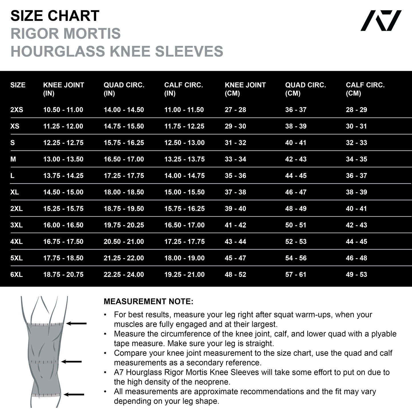 A7 IPF Approved Hourglass Knee Sleeves feature an hourglass-shaped centre taper fit to help provide knee compression while maintaining proper tightness around the calf and quad, offered in three stiffnesses (Flexi, Stiff and Rigor Mortis). Shop the full A7 Powerlifting IPF Approved Equipment collection. The IPF Approved Kit includes Powerlifting Singlet, A7 Meet Shirt, A7 Zebra Wrist Wraps and A7 Deadlift Socks. Genouill�res powerlifting shipping to France, Spain, Ireland, Germany, Italy, Sweden and EU.
