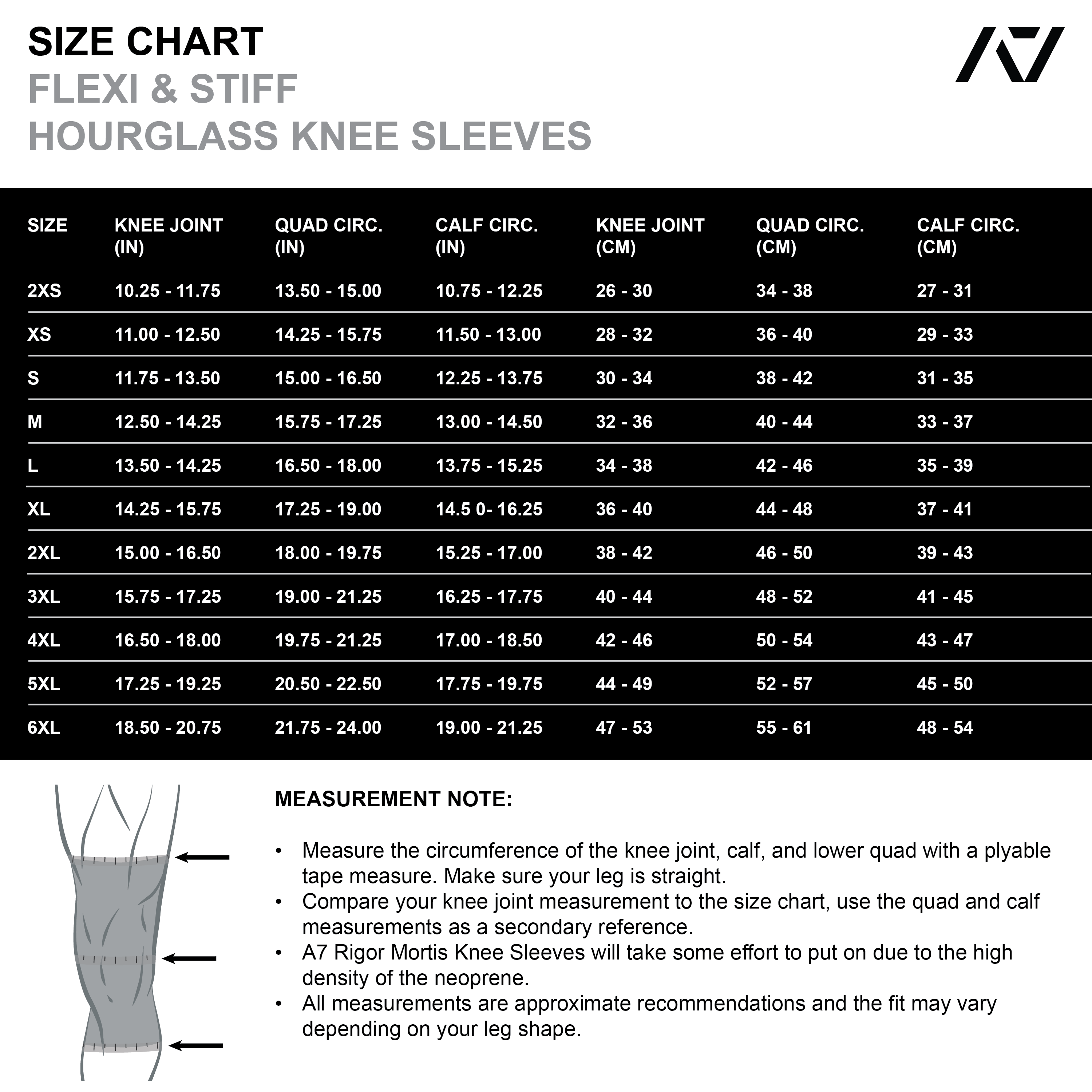 A7 IPF Approved Hourglass Knee Sleeves feature an hourglass-shaped taper fit to provide knee compression while maintaining proper tightness around the calf and quad, offered in three stiffnesses (Flexi, Stiff and Rigor Mortis). The IPF Approved Kit includes Powerlifting Singlet, A7 Meet Shirt, A7 Zebra Wrist Wraps, A7 Deadlift Socks, Hourglass Knee, IPF Approved PAL Lever. Genouillères powerlifting shipping to France, Spain, Ireland, Germany, Italy, Sweden and EU. 