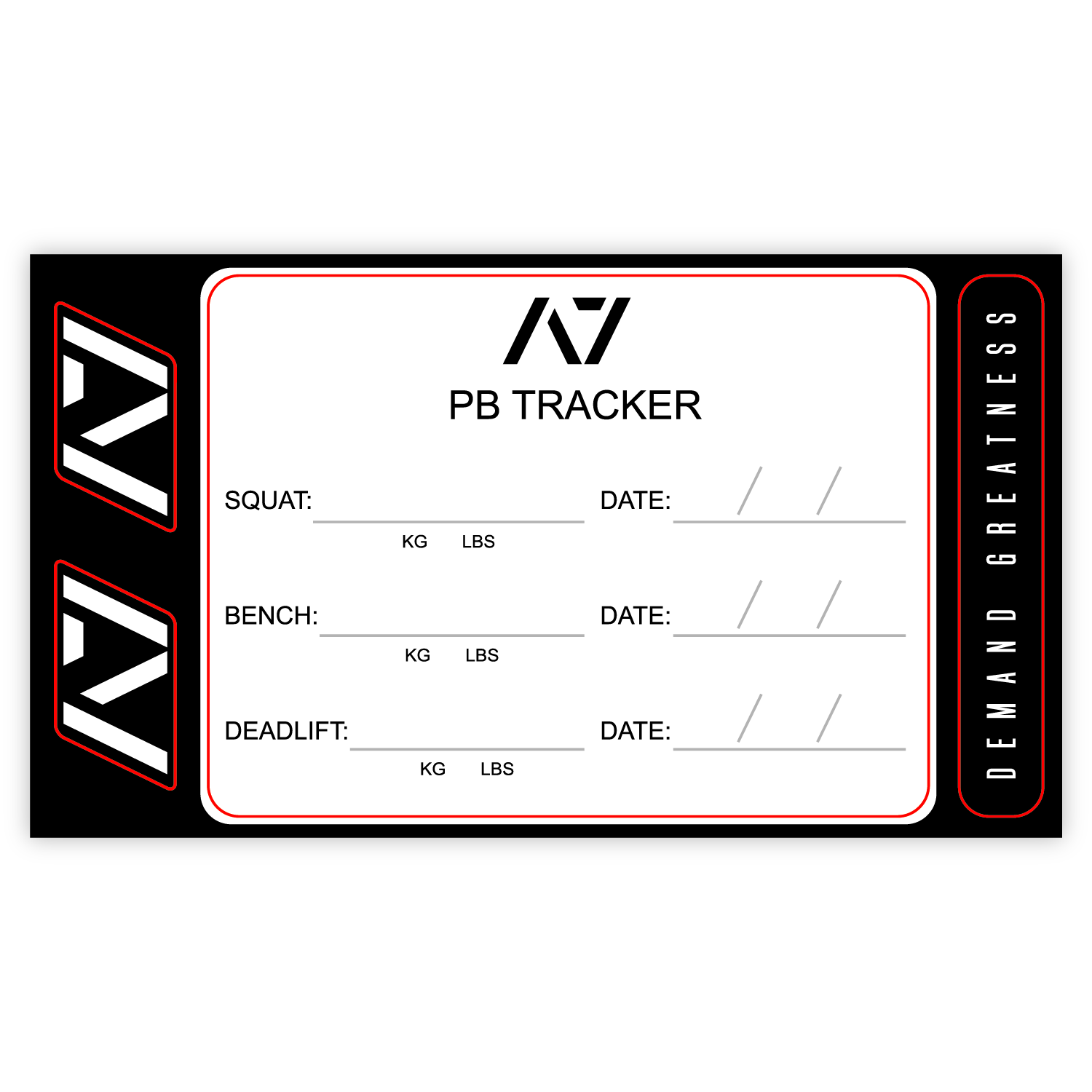A7 PB Tracker sheet was designed to allow you to document your PRs and progress in your training of Squat, Bench and Deadlift in a convenient sheet that you can attach to your belt, your gym banner or even your home gym wall. It include a small A7 Permanent marker with a keyring to help document our success along with 2 A7 stickers and 1 Demand Greatness sticker.